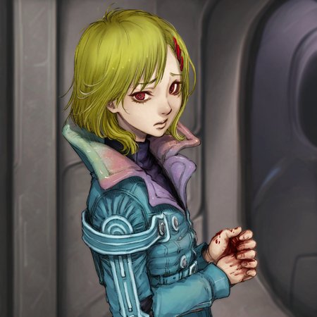 best quality, masterpiece, netsu, blonde hair, short hair, hair ornament, hairclip, jacket, calm, sad, bloody hand, bloody, just killed a man, spaceship interior, look at viewer 