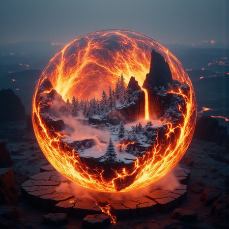 Improved cinematic photo, 35mm photograph, film, professional, 4k, highly detailed, aidmaMJ6.1,
A molten lava sphere encasing a miniature frozen tundra,
The sphere glows with intense hues of fiery orange, red, and yellow, its semi-translucent surface appearing like a churning orb of molten rock. Cracks spider across its surface, radiating brilliant light as if the lava within is on the verge of erupting. Inside the sphere, a tiny frozen tundra exists in stark contrast—a pristine landscape of white snow, icy cliffs, and frozen trees covered in frost.
A faint, icy mist rises from the tundra within, clashing with the fiery glow of the outer sphere. The sphere hovers above a cracked, charred rock platform surrounded by faint plumes of smoke and embers. The background is a hazy, volcanic landscape with distant, glowing lava rivers cutting through dark rock. The composition creates a striking juxtaposition of fire and ice, showcasing the delicate balance of opposing forces captured within a surreal, magical artifact.