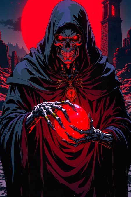 ne0nfant4sy, A ghoulish lich, his decayed face hidden beneath a hood of tattered black robes, stands with his skeletal hands clutching a glowing, crimson gemstone. His fleshless fingers are adorned with rings, each one glowing faintly with dark magic, while his sunken, glowing red eyes peer out from the shadows of his hood. The gemstone pulses with dark energy, casting a sickly red light over his hollow, skeletal features. Around his neck hangs an ancient amulet, inscribed with runes of forbidden magic. Behind him, a crumbling tower rises into the night, its stone walls etched with countless years of arcane symbols. The sky above is dark and starless, save for a blood-red moon that casts an eerie glow over the desolate landscape. The faint whispers of spirits echo in the air around him, and the ground beneath his feet is cracked and lifeless. His expression, though devoid of flesh, is one of sinister glee, a master of death holding unimaginable power. The crimson glow from the gemstone illuminates his skeletal grin, casting long shadows across the tattered remnants of his robes.<lora:RetroAnimeFluxV1:0.5><lora:NeonFantasyFLUX:0.3>