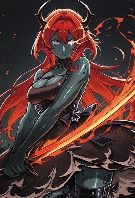 813nm0hstyle,   masterpiece, best quality, solo,                                                                                                                                                                                                                                                 surtr, ash skin, coal skin, curled horns, holding flaming sword, thin, flaming eyes,