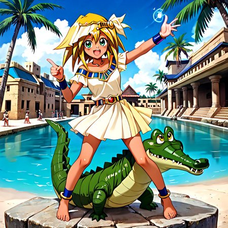Mana, anime, yu-gi-oh! duel monsters,1girl, best quality, Egyptian, tan skin, green eyes, stone structure, stone building, (happy), (standing), magic, looking at viewer, smug, one eye closed, cute pose, cute face, (thumbs up:0.8), full body, anklet, belt, barefoot,Mana is her little size,Mana is her dry land.
Tick Tock crocodile,male animal focus, crocodile open large mouth ,green skin, blue eyes, Tick Tock the crocodile is giant and very huge size,teeth,Tick Tock the crocodile swimming in the nile river, Tock the crocodile hug with Mana.
 Palm_trees, egyptian,egypt,nile_river, Disney, anime_manga