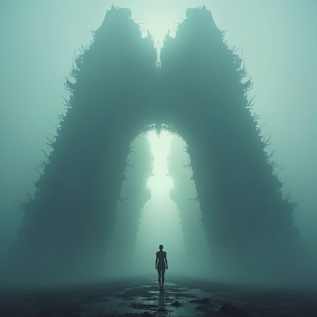 concept art, abstraction, 1girl, cinematic photo   (style  Corey Arnold)
(sci-fi fractal megastructure:1.3), colossal scale, fog, volumetric lighting, SSAO, dof, 