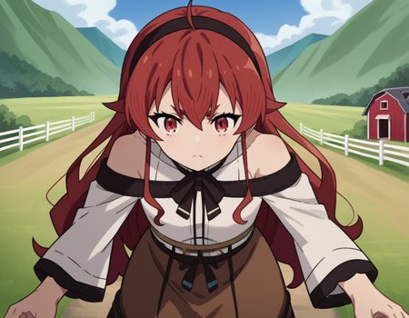 score_9, score_8_up, score_7_up, source_anime,
erisgreyrat, <lora:eris-boreas-greyrat-s1-ponyxl-lora-nochekaiser:1>,
eris greyrat, ahoge, hair between eyes, long hair, red eyes, red hair, sidelocks,
black hairband, black ribbon, brown skirt, hairband, long sleeves, neck ribbon, pantyhose, ribbon, shirt, shoulder cutout, skirt, white pantyhose, white shirt, wide sleeves,
outdoors, landscape, farm, bent over,
looking at viewer, dutch angle, cowboy shot,