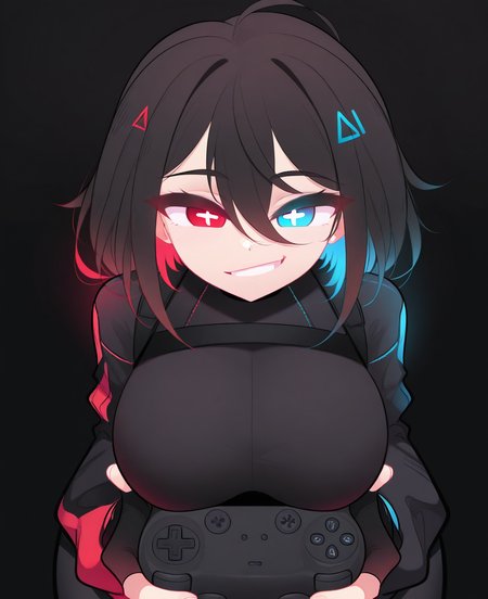 <lora:zackir7:1> zackir7,
(masterpiece), (best quality), (ultra-detailed), amazing quality, very aesthetic, illustration, perfect composition, intricate details, absurdres, incredibly absurdres, shiny skin, realistic,
 zackir7, 1girl, controller, solo, looking at viewer, blue eyes, red eyes, game controller, , breasts, smile, heterochromia, black background,  controller, glowing, con,  game controller, large breasts, grin, hair between eyes, general