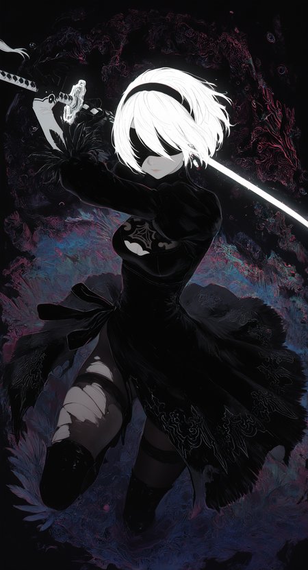 masterpiece, best quality, good quality, very awa, newest, highres, absurdres, 2b \(nier:automata\), 1girl, solo, breasts, short hair, long sleeves, gloves, dress, holding, closed mouth, medium breasts, white hair, weapon, pantyhose, earrings, black gloves, sword, holding weapon, black dress, black pantyhose, torn clothes, holding sword, katana, facing viewer, nose, blindfold, covered eyes, black blindfold, feather trim, feather-trimmed sleeves, limited palette, sketch, glowing, psychedelic, <lora:illustriousXL_stabilizer_v1.23:0.3> <lora:NOOB_vp1_detailer_by_volnovik_v1:0.3> <lora:ponyv6_noobE11_2_adamW-000017:0.3> <lora:114558v4df2fsdf5:0.7> <lora:XXX667:0.5> <lora:mon_monmon2133:0.6>