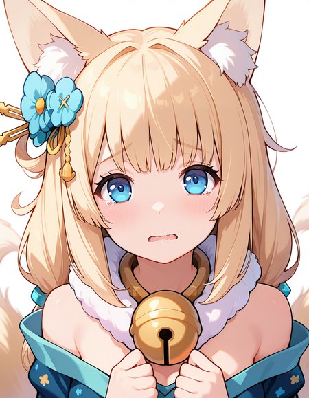 <lora:AzlaNiizuki_SDXL_Illustrious01_fp16_ver01:1>,AzlaNiizuki, 1girl, animal ears,bangs, blonde hair,  multiple tails, hair ornament, bell, blue eyes, kimono, fur collar,bare shoulders,sad,closed mouth, looking at viewer,tears from one eye,wavy mouth, open mouth,, masterpiece, best quality, very aesthetic, absurdres,<lora:detailed_hands:1>,hand