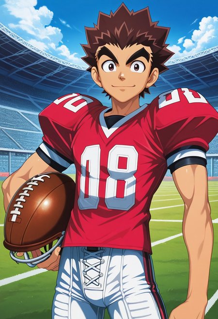 PVC figure, PVC texture, official art, male, High Quality, perfect anatomy, HD, anime style, break
TAROU RAIMON, 1boy, alone, brown hair,  thick eyebrows, dark brown eyes, athletic build, smiling, posing, looking at viewer, football uniform, tight uniform, red and white uniform, football field