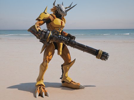 sfw, masterpiece, best quality,absurderes,photo,realistic,cinematic,source_photo,DLSR,full body,1boy,wargreymon,digimon \(creature\),yellow armor,orange scales,helmet,horns, holding minigun,outdoors,beach,<lora:Reallustrious_Beta:1>