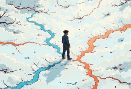 A surreal aerial perspective captures a vast, otherworldly landscape dominated by endless white voids and vivid, flowing colors. The white plains stretch infinitely, smooth and untouched, interrupted by rivers of molten gold, swirling pools of electric turquoise, and deep crimson veins that pulse like lifeblood across the surface. The vibrant hues contrast sharply against the stark emptiness, as if the colors are alive, spilling across the plains with a purpose beyond understanding.
In the center of the image, a half-body silhouette of an animal emerges from the void, its form sharp and shadowy. The creature—perhaps a deer, wolf, or abstract hybrid—stands upright, half-submerged in the bright expanse, its fur or scales reflecting faint glimmers of the colors around it. Its head tilts slightly upward, its expression enigmatic, as though it senses something unseen in the pale, endless sky.
The animal’s form is defined yet unfinished, its lower half dissolving into the white plain, merging with the void. Around it, the surface ripples subtly, creating an almost liquid quality to the snow-like emptiness. The faint shadows of its upper body stretch long and sharp across the ground, disappearing into the vivid pools of color nearby.
Above, the sky mirrors the land, a pale and luminous void with faint streaks of iridescent color, blurring the horizon.