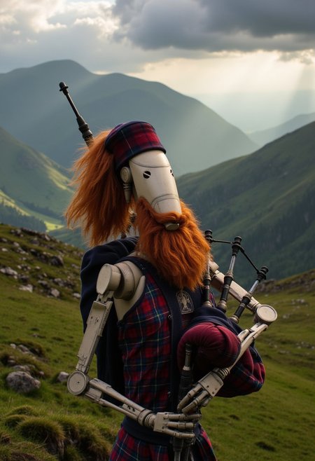 A B1 battle droid with thick, flowing red hair and a bushy red beard, dressed in a traditional Scottish kilt and stereotypical Scotsman gear, including a tartan tam o'shanter (Scottish hat), stands proudly in the Scottish Highlands. The droid is playing the bagpipes, its robotic arms elegantly holding the instrument. The epic, sweeping Highland scenery features rolling green hills, mist-covered mountains, and a dramatic sky with cinematic lighting. The scene is highly detailed and beautiful, with the sunlight breaking through the clouds, creating an almost magical atmosphere in 4K quality. The droid’s intense expression contrasts with the serenity of the surroundings, 7-B1
