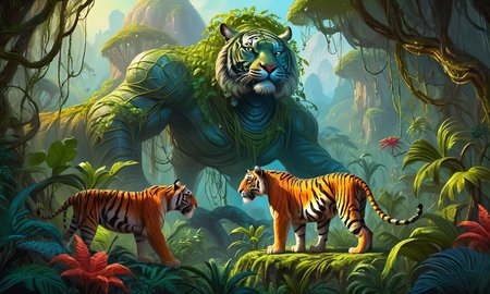 Impressionist painting a lush alien jungle with vines and trees, in the background a large stony mountain, alien tigers, fruiting trees, epic, fantasy, 4k <lora:add-detail-xl:1>, ethereal, timeless, deviantart . Loose brushwork, vibrant color, light and shadow play, captures feeling over form