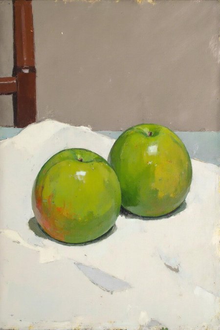 euanuglow1 painting. 
Two upside-down green apples placed on a white tablecloth. <lora:euanuglow1_cap_d6aee11:1.0><lora:845532555236260046:0>