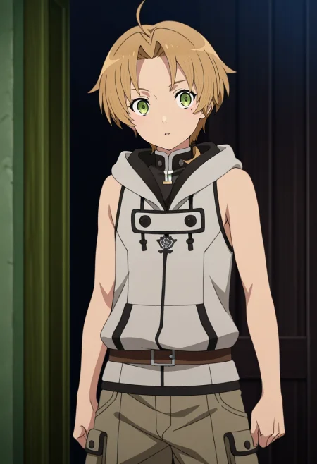 masterpiece, best quality, , anime screencap, , official style, , 1boy, solo, male focus, <lora:rudeus_greyrat_ilxl:0.92>, rudeus_greyrat, blonde hair, green eyes, short hair, bangs, parted bangs, ahoge, , , Cargo shorts, Moire Sleeveless hoodie, , Bandana,