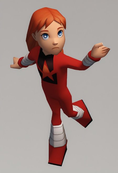 score_8, score_8_up, score_7_up, source_anime BREAK, 1girl, solo,  3d, polygonal, white background, full body, julie_power, red hair, blue eyes, flat chest, super_suit, bracers, chest logo