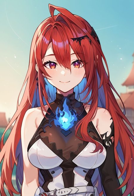score_9, score_8_up, score_7_up, source_anime, 1girl, outdoors, 
BREAK ,
red hair, red eyes, ahoge, blue fire, erb_main, asymmetrical gloves, asymmetrical dress, single detached sleeve, upper body, smile, white belt,