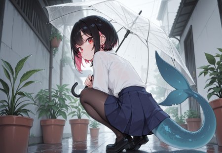 masterpiece, best quality, amazing quality, 1girl, transparent, transparent umbrella, skirt, solo, umbrella, tail, holding, red eyes, shirt, looking at viewer, holding umbrella, piercing, ear piercing, white shirt, blue skirt, multicolored hair, black hair, squatting, plant, pleated skirt, short hair, pink hair, colored inner hair, pantyhose, looking back, virtual youtuber, closed mouth, outdoors, potted plant, earrings, fish tail, jewelry, tonerostyle
