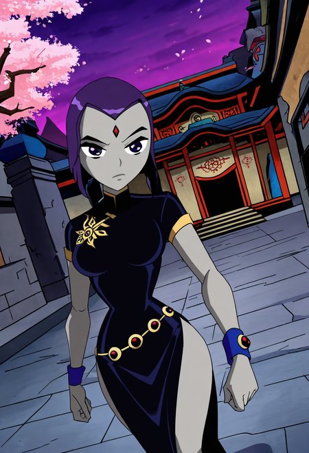 masterpiece, best quality, solo, curvy, beautiful eyes,  narrow waist, wide hips,  zzRaven, purple eyes, purple hair, short hair, grey skin, forehead jewel, colored skin,  ,       <lora:RavenTT_IXL:1.0>,   dynamic angle, foreshortening, close up, [Mystic Silk Courtyard], Silk cheongsam, embroidered flowers, jade bracelet, Walking through a moonlit courtyard with cherry blossoms and temple architecture, evoking serene elegance.
