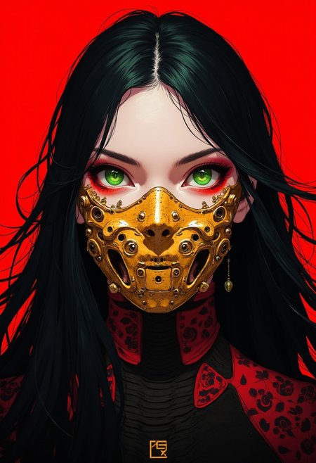 A girl with bright green eyes and long black hair that flutters slightly. Her face is partially hidden by a beautiful golden mask, a mempo, that covers her mouth and nose.  bright makeup with red eyeshadow around her eyes, a dangerous look. In the background, there is a rich red color, which enhances the contrast and drama of the image