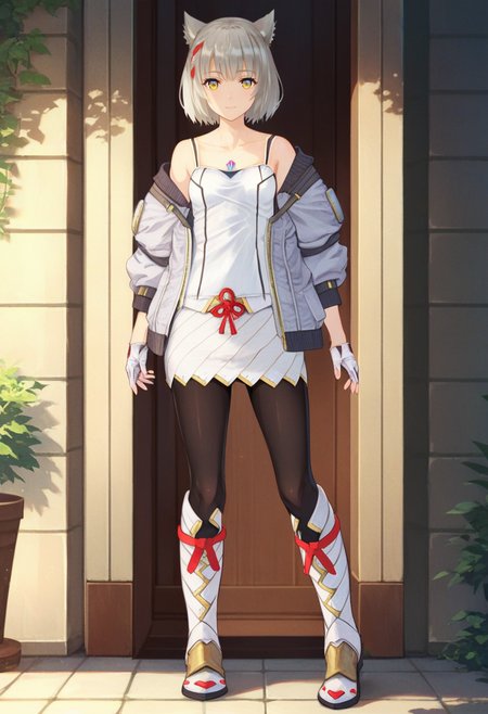score_9, score_8_up, score_7_up, 1girl, solo, standing, full body, camisole, silver jacket, white striped skirt, black pantyhose, knee boots, half gloves, chest jewel, yellow eyes, short hair, braid, mio<lora:mio xl 048 fro 95:1>