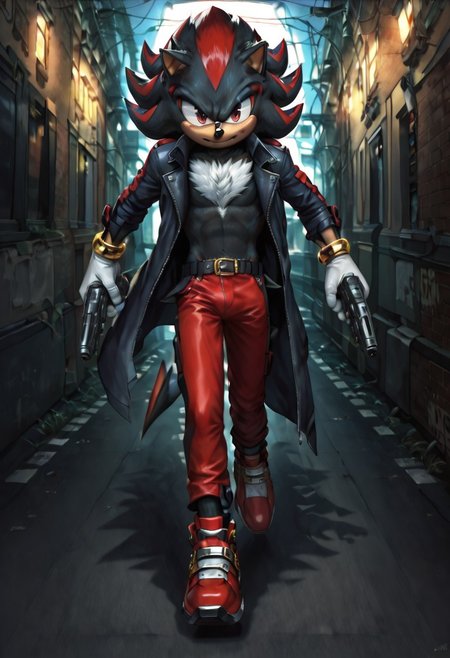zPDXL3,RE_Engine,score_9_up,score_8_up,score_7_up,detailed,(best quality:1.2),digital media \(artwork\), BREAK, solo,best quality, 1boy, solo male, shadow the hedgehog, furry, red eyes, black fur, white chest tuft, black open coat, gold bracelets, white gloves, black belt, red pants, red shoes, gold anklets, running, blue aura, spiked hair, hedgehog, street alley, night, dynamic lighting, full body, dual wielding handguns, rifle on back
