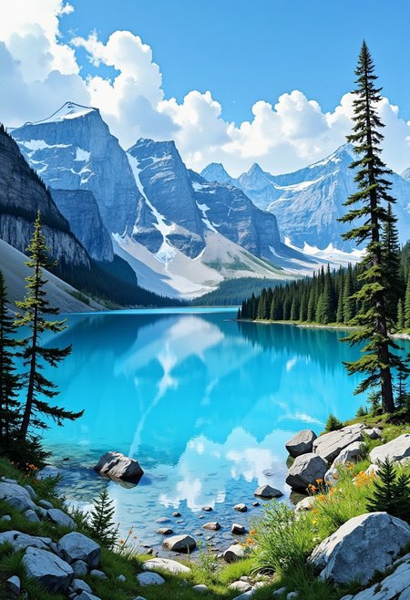 A breathtaking illustration of a clear blue lake encircled by majestic mountains. The water is crystal-clear, mirroring the rugged, snow-capped peaks and the expansive blue sky. Lush green forests hug the mountain bases, adding depth and vibrancy. Wildflowers and rocks dot the lake's edge, enhancing the realism. The sunlight casts gentle highlights on the textures of the landscape, creating a serene, tranquil atmosphere. The scene exudes natural beauty and grandeur, inviting awe and calm.
