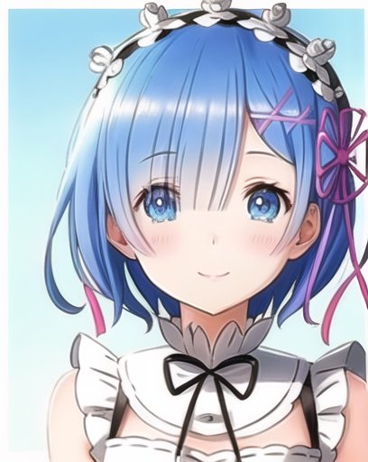 Rem3-2600:0.7,  rem,re:zero,highres,(masterpiece_1.0),(white background),(re:zero style),(anime style),(best quality_1.0),(profile shot),looking at viewer,(face),close up,smiling,perspective from front