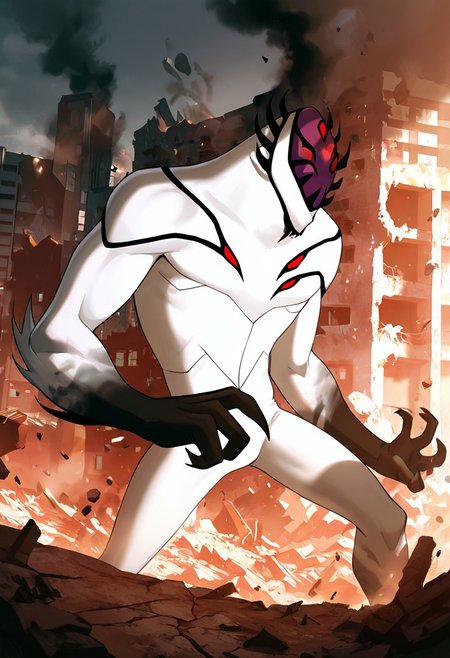 masterpiece, best quality, amazing quality, very aesthetic, absurdres, newest,, detailed background, 
highbreed, extra eyes, solo, alien, white skin, purple face, , monster, red eyes, black hands, , claws, black head spikes, white body,
punching building, destroyed building, falling building, destroyed city, smoke, attacking building, pushing building, from side,