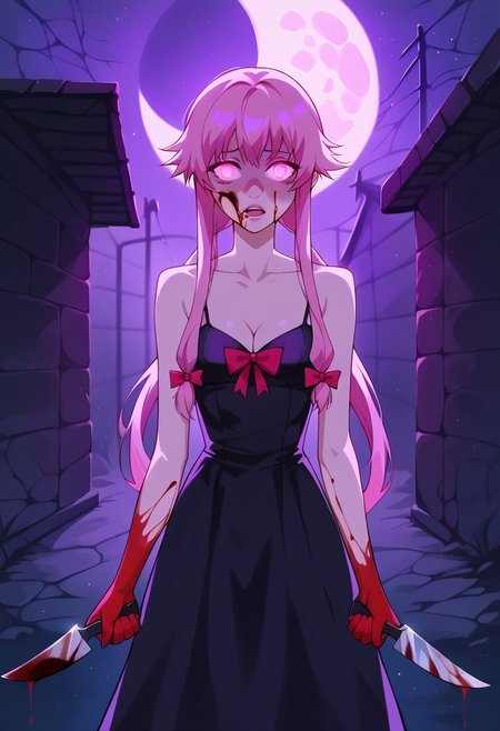 score_9, score_8_up, score_7_up, score_6_up,   <lora:st4t1ctvXLP:1> st4t1ctv, chromatic aberration, dark purple theme, red vignette, 1girl, solo, yuno gasai, long hair, pink eyes, glowing eyes, pink hair, moan, blood on face, blood on hands, low twintails, bare shoulders, black dress, bow, cleavage, collarbone, dress, hair bow, yandere trance, outdoors, dark alley way, night, moon, concept art, realistic, dark theme, low light, dark night, cinematic lighting, holding knife, stabbing corpse on ground, from behind, from back, scary