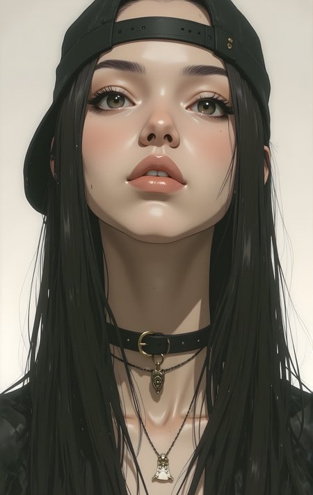 The photo features a person with long, straight black hair that cascades down past their shoulders. They are wearing a black cap turned backward, which frames their face. The individual has a fair complexion and is adorned with subtle makeup, including defined eyebrows, eyeliner, and a glossy lip color. Around their neck, they wear a thin black choker necklace with a small, intricate pendant hanging from it. The background is plain and light-colored, which helps to highlight the subject's features and attire. The overall look is stylish and modern, with a touch of edginess due to the cap and choker.
j_art, anime, anime art, <lora:FLUX\jul\J_Anime:1.0>, <lora:FLUX\Anime Art V3:0.1>, <lora:FLUX\RM_Artistify_v1.0M:0.1>, <lora:FLUX\RetroAnimeS1.1:0.1>