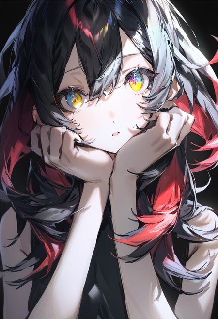 masterpiece, best quality,<lora:QUASARCAKE_XL_ANI31_lokr_V42310:0.95> 1girl, solo, looking at viewer, multicolored eyes, black background, yellow eyes, black hair, parted lips, multicolored hair, simple background, hands on own face, hair between eyes, red hair, hands up, portrait, open mouth, sleeveless, upper body, medium hair