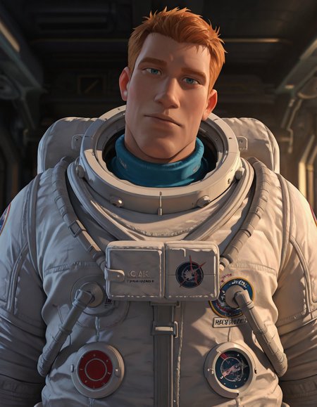 cinematic_depth, 8k, soft_lighting, warm_glow, ultra_high_quality, masterpiece, best quality, newest, perfect quality, best quality, detailed background, intricate details, male focus, solo, realistic, <lora:Planet 51 - Chuck Baker - Illustrious-000006:0.7>  c_baker, 1boy, tall male, red hair, blue eyes, solo, upper body, looking at viewer, spacesuit, indoors, spacecraft, head tilt
