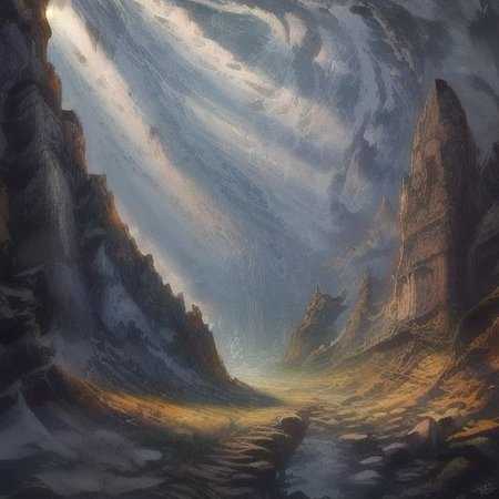 ((Masterpiece)), realistic digital painting of the hall of the mountain, official art,  perfect composition, cinematic lighting, crepuscular rays,