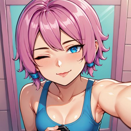 score_9,  1girl, maeve, pink hair, short hair, blue eyes, detailed eyes, colorful background, looking at viewer, selfie, wink, close-up, high angle, grabbing literally you, grabbing the camera, pov