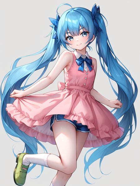 1girl, 
solo, green footwear, grey eyes, standing on one leg, blue bow, shorts under dress, hair bow, long hair, blue hair, standing, collared shirt, blue eyes, shorts, smile, very long hair, dress, signature, sleeveless, shirt, sleeveless dress, shoes, looking at viewer, twintails, pink dress, bow, v-shaped eyebrows, bare shoulders, closed mouth, sock, white socks, blue short, short shorts, grey background, ahoge, socks,
score_9, score_8_up, score_7_up, source_anime
 <lora:style024:0.85>