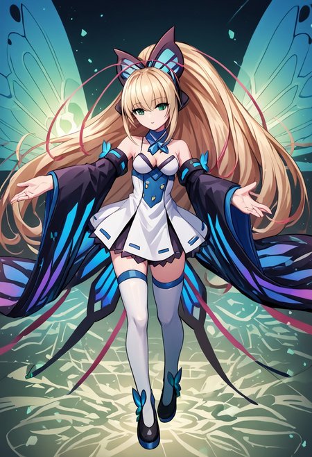 score_4,score_5,score_6,score_7_up,score_8_up,score_9 ((masterpiece,best quality,ultra detailed,highres,HD,4k:1.2)), 
Lumen, blonde hair, light blonde hair, long hair, bangs, green eyes, ponytail, butterfly hair ornament, antennae,, short dress, detached collar, detached sleeves, wide sleeves, white thighhighs, bare shoulders, black shoes,butterfly ornamented shoes, cleavage,, wings, butterfly wings,