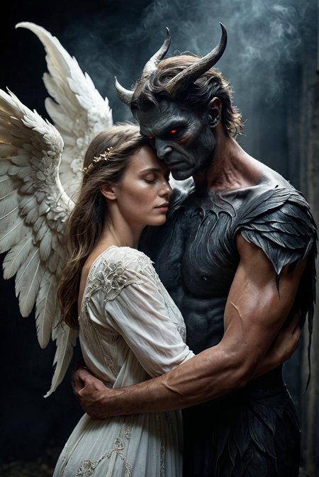 (film grain),ultrarealistic 4k,photoart_style,(a demon and an angel hugging),realistic,,dark black tone,Cinematic Lighting, movie-level texture, hand-painted details, epic, meticulous,perfect composition, dynamic play of light, rich colors, epic shot, perfectly quality, natural textures,high detail, photoshadow, (natural colors, correct white balance, color correction, dehaze),(intricate detailed)