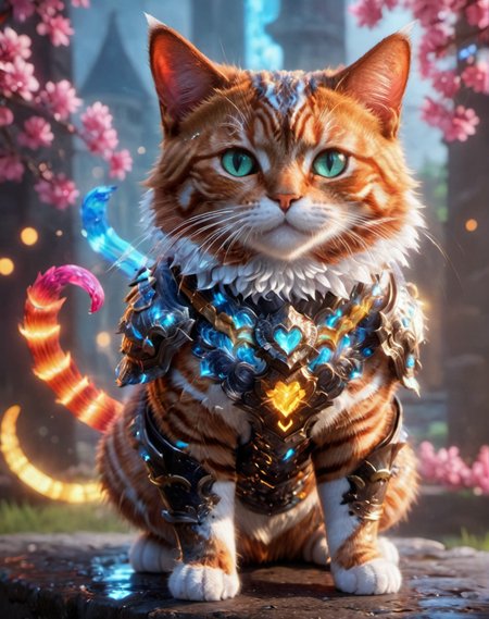 rainbowdreamxl,close up portrait of a cute cat,magical effects,armor parts,epic,trending on artstation,awardwinning,bokeh,cinematic,private press <lora:rainbowdreamxl-000004:0.6>