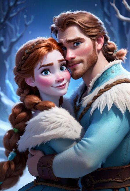 by Lois van Baarle,  1 female, anna from the movie frozen, auburn hair in two braids, 1 male, kristoff rom the movie frozen, couple, lovers,  axe, fur cape, garland of beads, night, moon, snow, blizzard, illustration, 2d, best quality, best facial detail