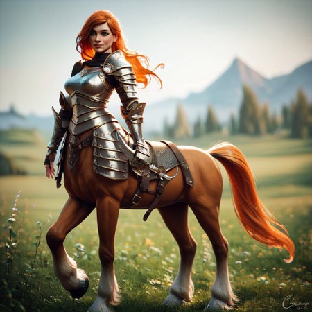 (((beautiful, high quality))), full Body, score_9, score_8_up, score_7_up, 
Сentaur, Centaur horse, 1girl, green eyes, ginger hair, armor, ginger horse,
looking at the viewer, posing, blurred background,