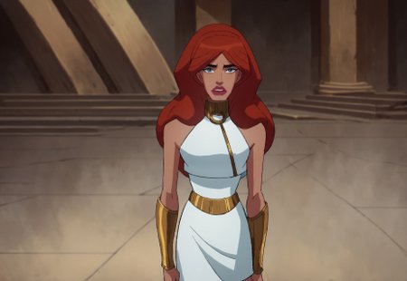 score_9_up, score_8_up, score_7_up, Red hair, long hair, blue eyes, makeup, lipstick, dress, white dress, neck ring, golden belt, sleeveless, boots, Alexa (dc)