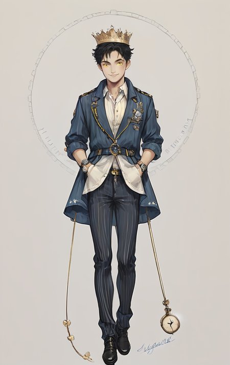 score_9, score_8_up, score_7_up, score_6_up, score_5_up, score_4_up,
 <lora:OverDesignedGirls:.7>
1boy, black hair, bow, clock, crown, full body, looking at viewer, male focus, pocket watch, roman numeral, smile, solo, striped, striped legwear, vertical stripes, watch, yellow eyes