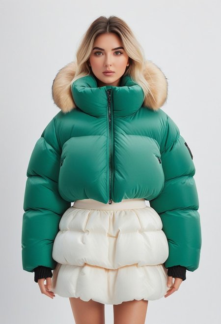 ((((sherpa puffer padded jacket)))), ((((sharpa puffer padded coat)))), ((((puffer skirt)))), ((((cowboy shot)))), ((((from back)))), standing, winter, snow, mountains, 1girl, solo, (masterpiece), (detailed face, detailed eyes), (beautiful detailed eyes:1.5), sidelighting, (super detail, hyper detail, intricate_details, detailed), looking at viewer, (semi realistic:1.6), very detailed face, (Blonde hair), (white hair), absurdly long hair, hair between eyes, (straight hair), (green eyes), put your hair behind your ears, eyelashs, eyeliner, (eye shadow:0.5), wet hair, sweat, white skin, Angry face, (blush), padded cuffs, padded collar, Thick padded cuffs, Thick padded collar, <lora:Collar-SDXL:0.6>, <lora:Cuffs-SDXL:0.6>, <lora:Puffer_Jacket_and_Down_Jacket_-_Extra_Puffy_Jackets:0.6>,  <lora:puffer_skirt_v1:0.6>