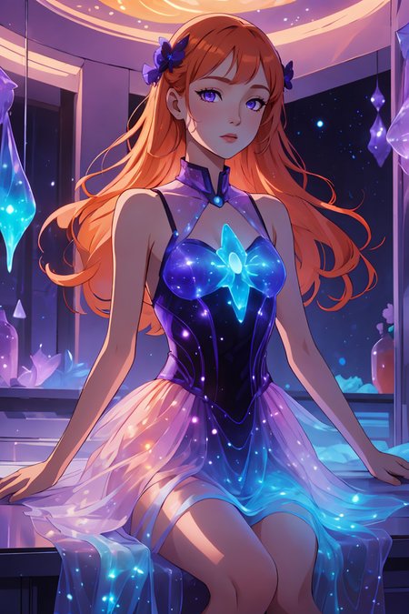 (masterpiece:1.4, best quality),1girl,chibi,solo,orange hair,purple eyes,<lora:bioluminescent_dress-1.0:1>, bioluminescent dress,<lora:GoodHands-vanilla:1>,