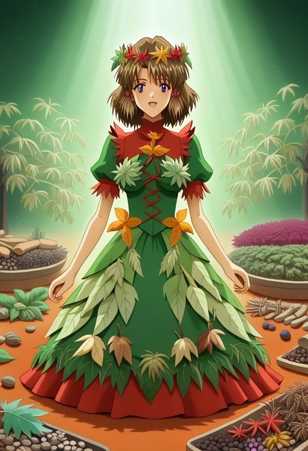masterpiece,best quality,amazing quality, mature, clean lines, subtle lighting, bold outlines, cel shading, very aesthetic, absurdres, newest, Herbs_Morf, dynamic pose,
Kaya,
 (leaf hair, herbs  dress, leaf crown:1.3), (Herbs_Morf:1.5), leaoutmb, leaf,