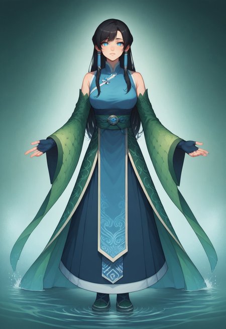 score_9, score_8_up, score_7_up, 8k, best quality, charturnerv2, sz4d3k, 1girl, even skin tone, cell shaded, female focus, indirect lighting, detailed face, detailed eyes, detailed, Expressiveh, adult female, Soryu, black hair, long hair, blue hair tubes, blue eyes, chinese clothes, azure dragon garb, dress, fingerless gloves, full body, waterfall background,