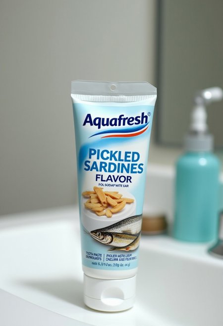A tube of "Aquafresh" tooth paste, laying horizontally on a bathroom counter. Large text underneath logo reads "PICKLED SARDINES FLAVOR". A small picture of a can of sardines in the bottom right of the tube. Highly detailed, 4k.