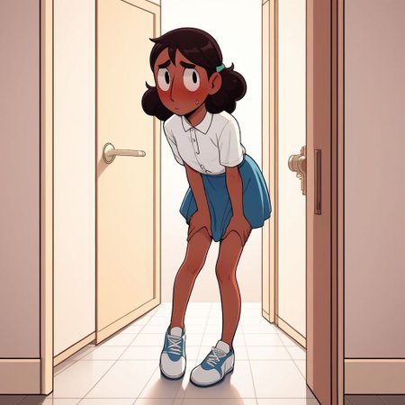 connie_maheswaran, score_9, score_8_up, score_7_up, score_6_up, score_5_up, score_4_up, BREAK, source_anime, full body, indoors, small breasts, white button up shirt, blue skirt, white tennis shoes, blush, leaning forward, blush, desperate, desperation, eyes crossed, holding crotch, bathroom door