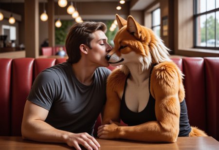 A human male and a furry female kissing, kissing romantically, in a booth in a restaurant, furry has blonde hair, furry is a fox, Anthro, furry, photo, detailed hand, hand, perfect hand, professionally made, hyperrealistic,