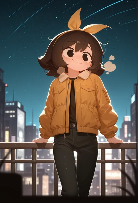 masterpiece,best quality,amazing quality, masterpiece,best quality,amazing quality, <lora:marigold_cabronpr_illustrious_v1f:0.7> marigold, 1girl, solo, hairbow, no nose, black eyes, smile, BREAK
(blurry background, blurry foreground, depth of field:1.3), city, night, starry sky, jacket, pants, breath, railing <lora:menthak0_style_illustrious_v1f:0.7> mk0style, <lora:antifreez3_style_illustrious_v1f:0.7> afz3style, collared jacket