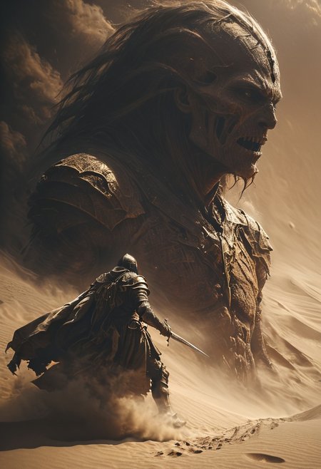 very dark focused flash photo, amazing quality, masterpiece, best quality, hyper detailed, ultra detailed, UHD, perfect anatomy, portrait, dof, hyper-realism, majestic, awesome, inspiring,Capture the thrilling showdown between the ancient mummy and the colossal sand boss in an epic battle amidst swirling dust and desert sands. Embrace the action and chaos as these formidable forces clash in the heart of the dunes. cinematic composition, soft shadows, national geographic style